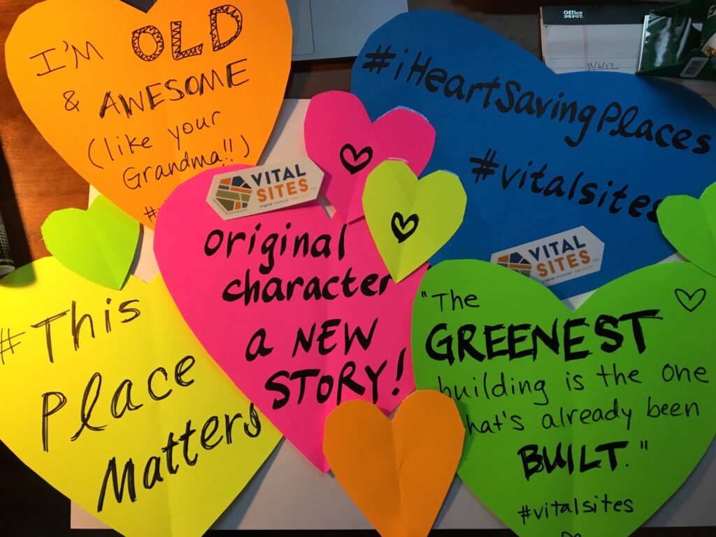 #KEEPLouisville campaign signs shaped like valentines with phrases about preservation